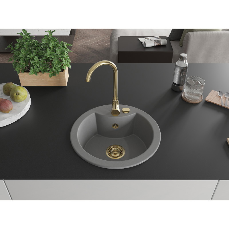 Mexen Diego 1-bowl granite sink 488 x 480 mm, gray, gold siphon - 6512481000-71-G