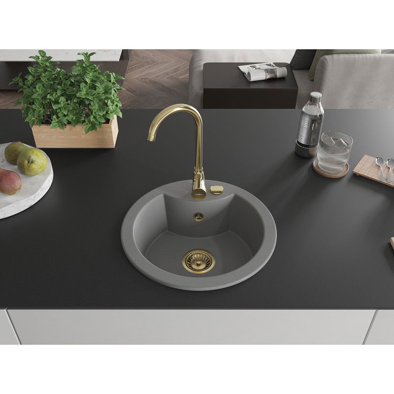 Mexen Diego 1-Bowl Granite Sink 488 x 480 mm, Grey, Golden Siphon - 6512481000-71-G