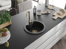 Mexen Diego 1-compartment granite sink 488 x 480 mm, Black/Silver metallic, siphon Gold - 6512481000-73-G