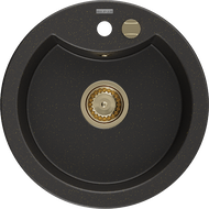 Mexen Diego granite sink 1-bowl 488 x 480 mm, black/gold metallic, gold siphon - 6512481000-75-G
