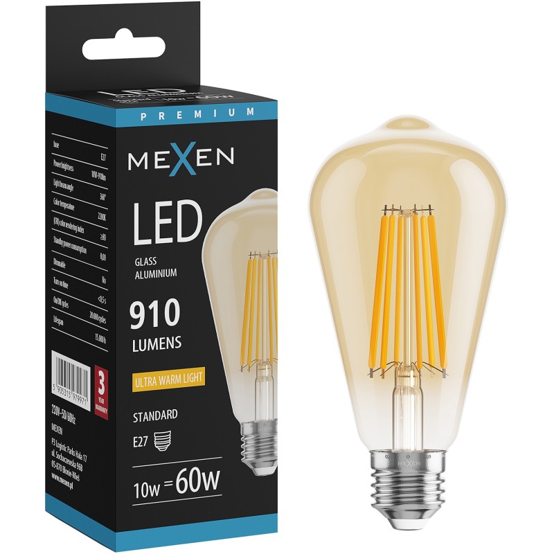 Mexen Vintis LED Filament Bulb E27, ST64, 10W, Warm - 2200K, 910 lm, amber - L152-E27-1022-50