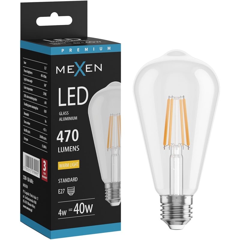 Mexen Vintis LED Filament Bulb E27, ST64, 4W, Warm - 2700K, 470 lm, clear - L152-E27-0427-00