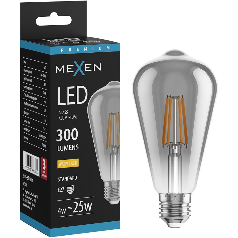 Mexen Vintis LED Filament Bulb E27, ST64, 4W, Warm - 2700K, 300 lm, smoke - L152-E27-0427-70