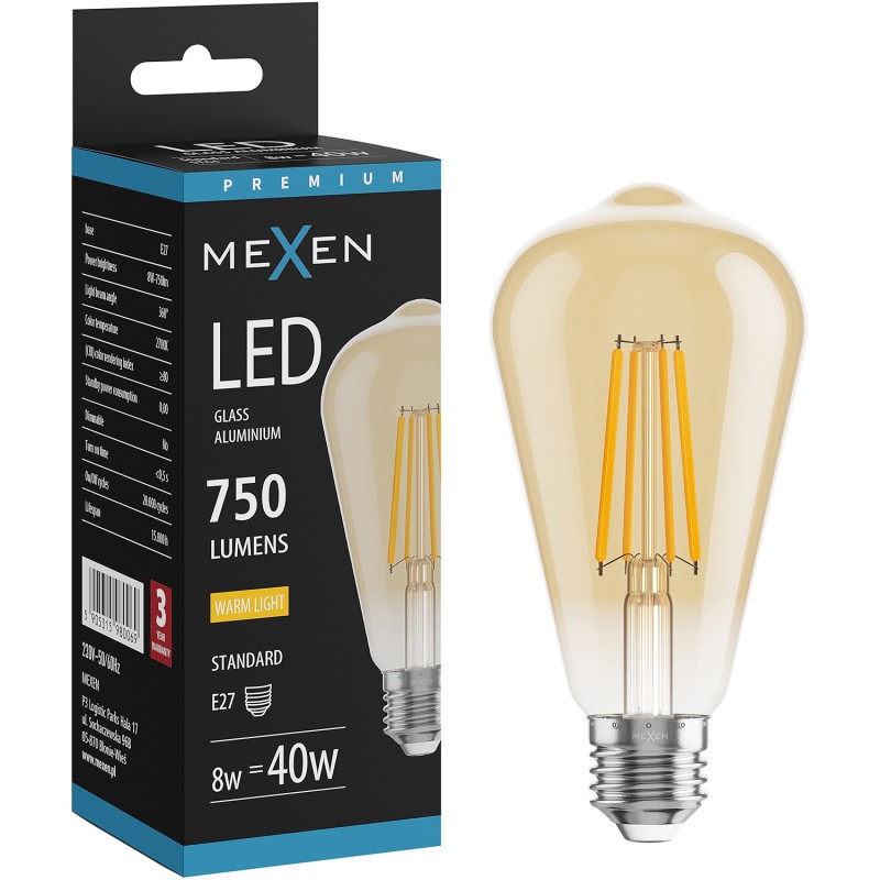 Mexen Vintis LED Filament Bulb E27, ST64, 8W, Warm - 2700K, 750 lm, Amber - L152-E27-0827-50