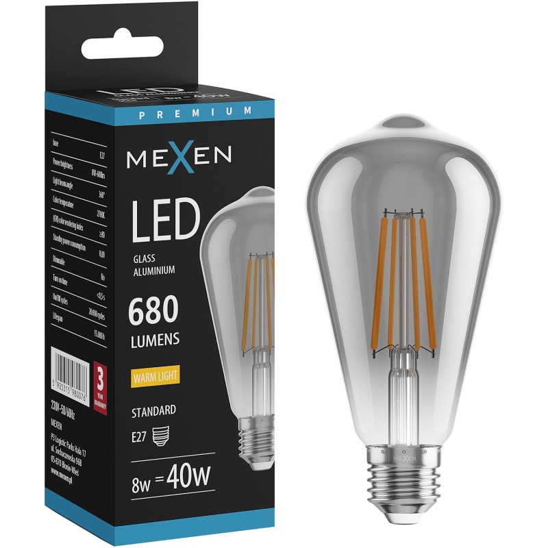 Mexen Vintis LED Filament Bulb E27, ST64, 8W, Warm - 2700K, 680 lm, smoke - L152-E27-0827-70