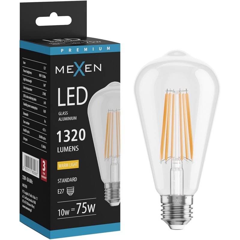 Mexen Vintis LED filament bulb E27, ST64, 10W, Warm - 2700K, 1320 lm, clear - L152-E27-1027-00