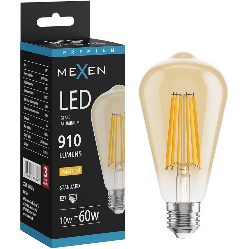 Mexen Vintis LED filament bulb E27, ST64, 10W, Warm - 2700K, 910 lm, amber - L152-E27-1027-50