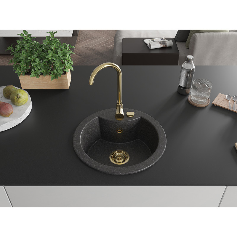 Mexen Diego 1-bowl granite sink 488 x 480 mm, black speckled, gold siphon - 6512481000-76-G