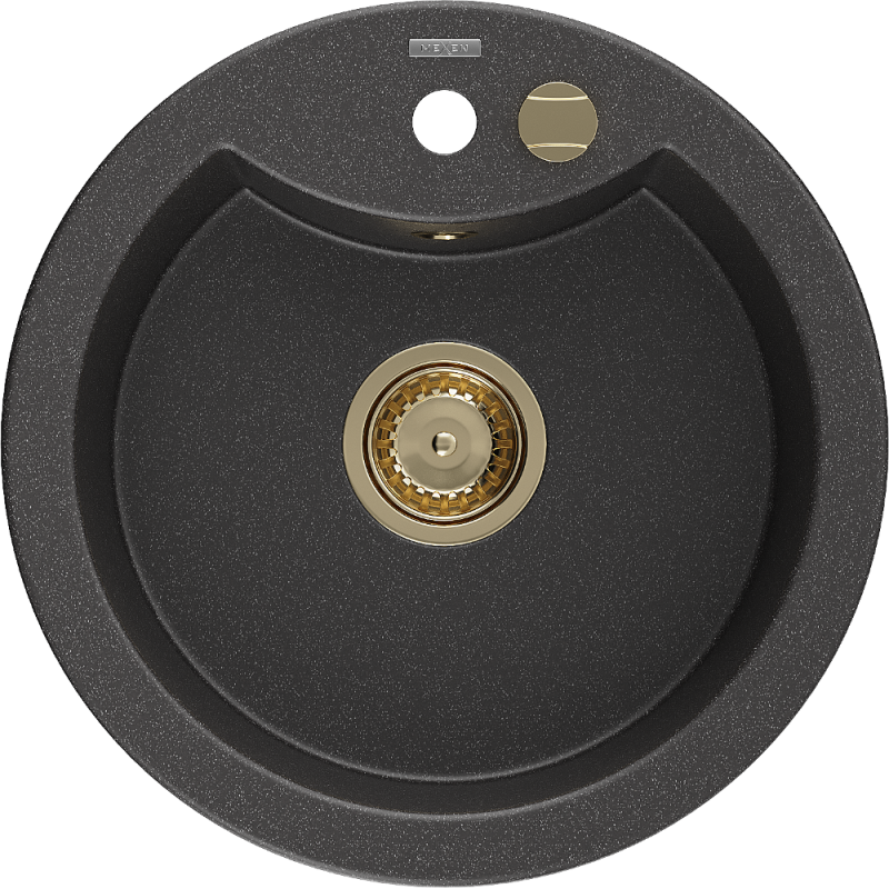 Mexen Diego 1-bowl granite sink 488 x 480 mm, black speckled, gold siphon - 6512481000-76-G