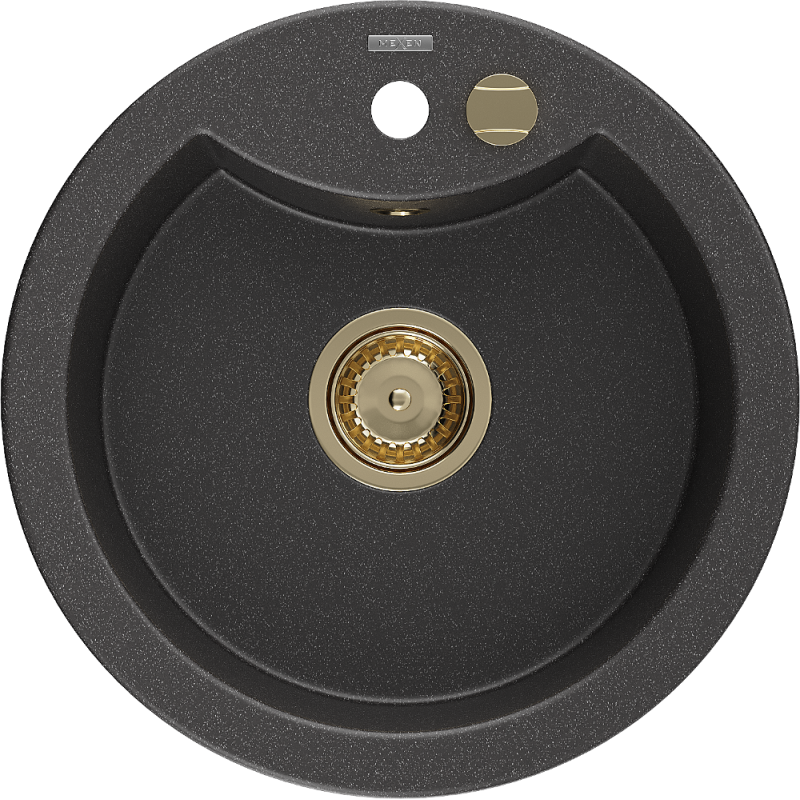 Mexen Diego granite sink 1-bowl 488 x 480 mm, black speckled, gold siphon - 6512481000-76-G