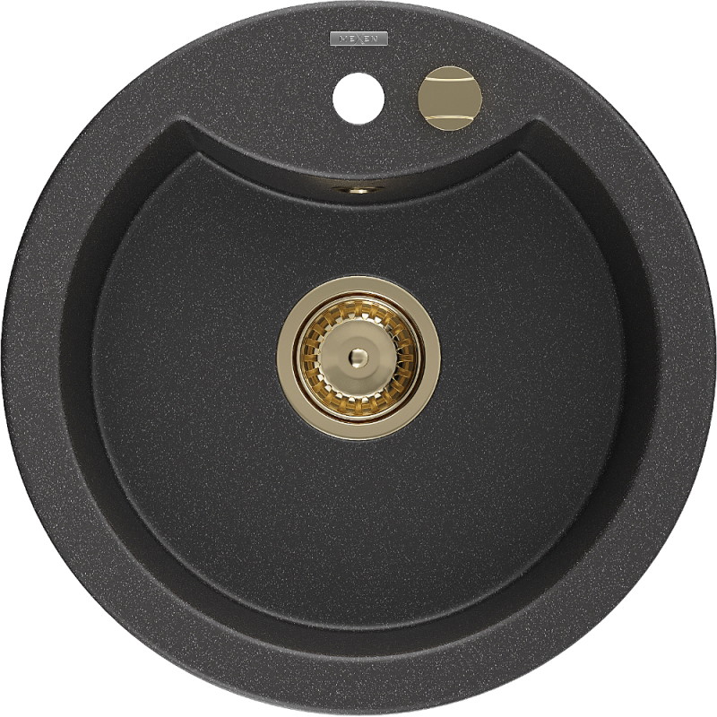 Mexen Diego granite sink 1-bowl 488 x 480 mm, black speckled, golden siphon - 6512481000-76-G