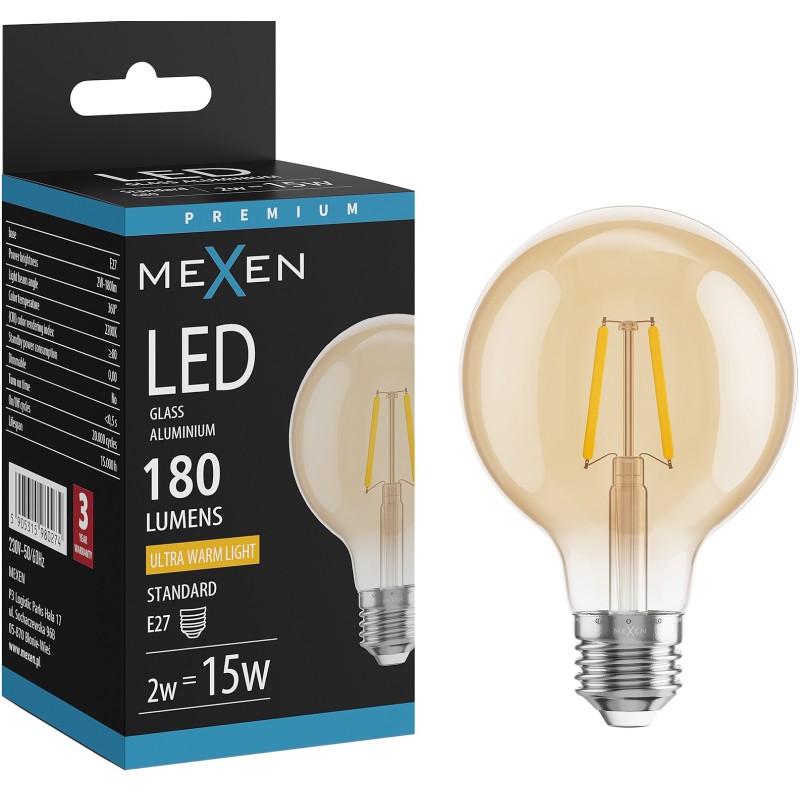 Mexen Vintis LED filament bulb E27, G80, 2W, Warm - 2200K, 180 lm, amber - L155-E27-0222-50