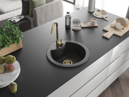 Mexen Diego 1-bowl granite sink 488 x 480 mm, black speckled, gold siphon - 6512481000-76-G
