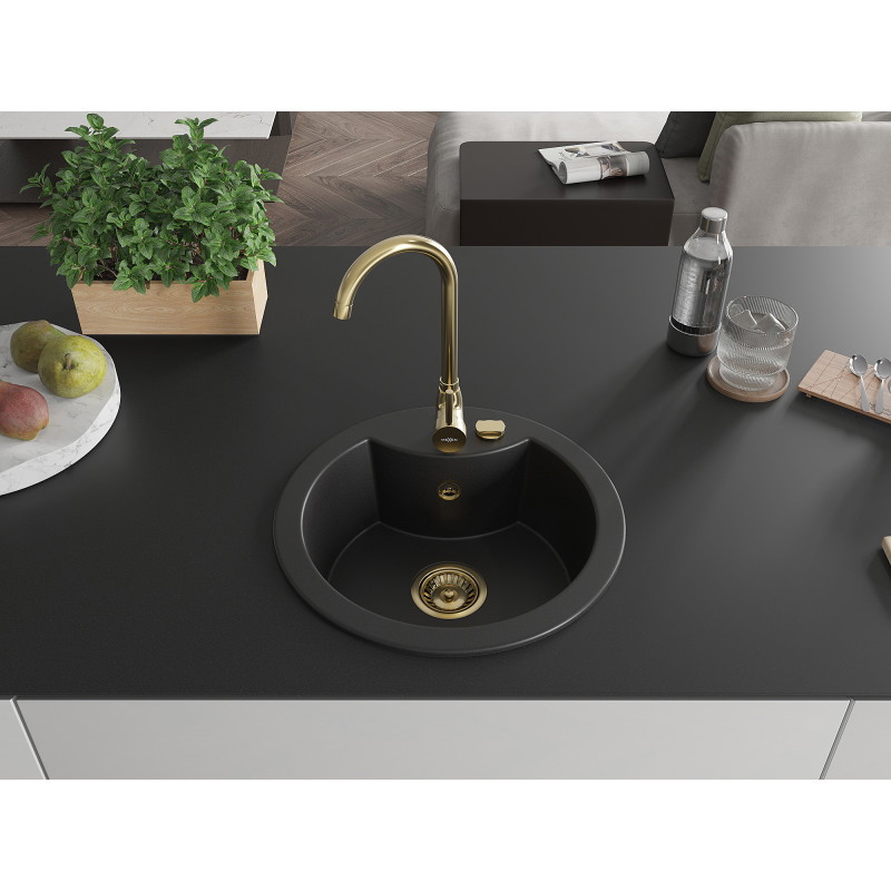 Mexen Diego 1-bowl granite sink 488 x 480 mm, black, gold siphon - 6512481000-77-G