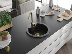Mexen Diego 1-compartment granite sink 488 x 480 mm, Black, siphon Gold - 6512481000-77-G