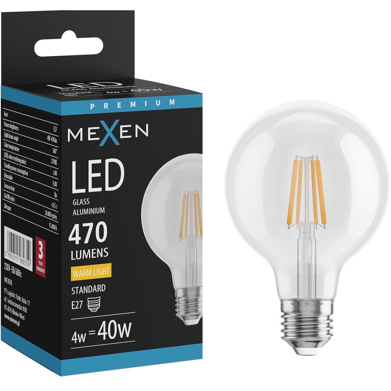 Mexen Vintis LED Filament Bulb E27, G80, 4W, Warm - 2700K, 470 lm, Clear - L155-E27-0427-00