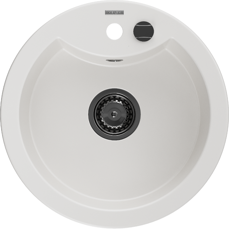 Mexen Diego granite sink single-bowl 488 x 480 mm, white, black siphon - 6512481000-20-B