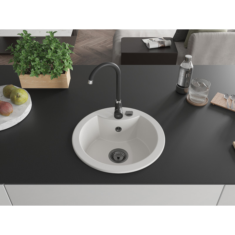 Mexen Diego granite kitchen sink 1-bowl 488 x 480 mm, white, black siphon - 6512481000-20-B