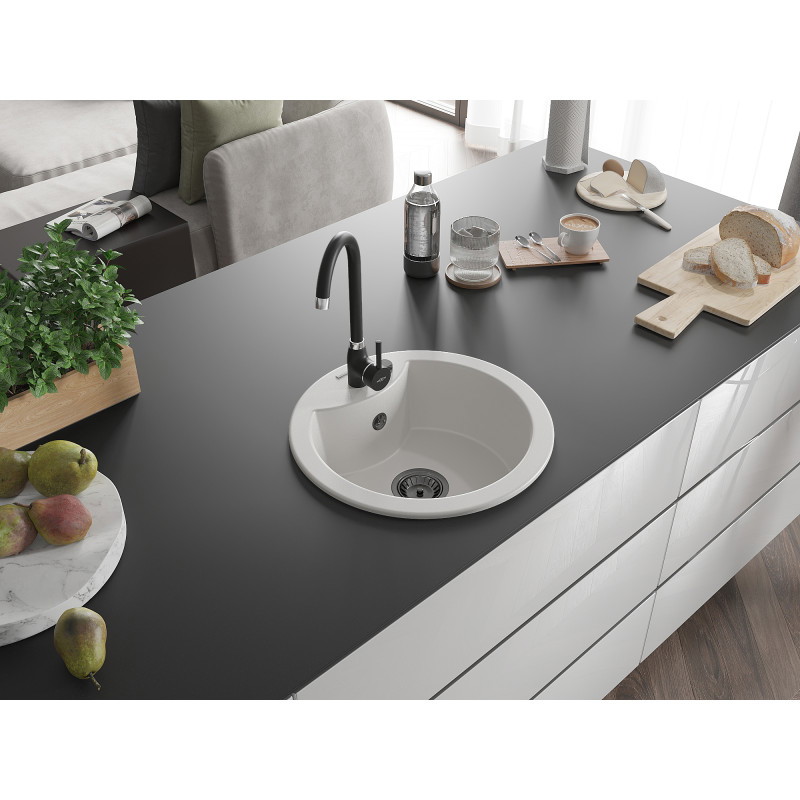Mexen Diego granite kitchen sink 1-bowl 488 x 480 mm, white, black siphon - 6512481000-20-B