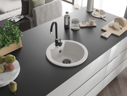 Mexen Diego granite kitchen sink 1-bowl 488 x 480 mm, white, black siphon - 6512481000-20-B