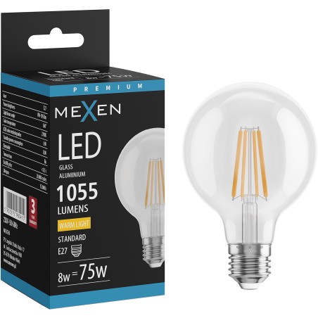 Mexen Vintis LED filament bulb E27, G80, 8W, Warm - 2700K, 1055 lm, clear - L155-E27-0827-00