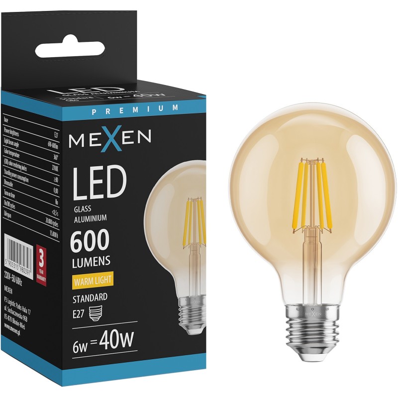 Mexen Vintis Filament LED Bulb E27, G80, 8W, Warm - 2700K, 750 lm, amber - L155-E27-0827-50