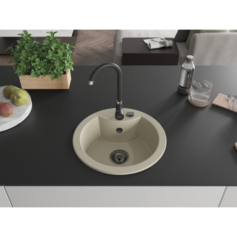 Mexen Diego granite kitchen sink 1-bowl 488 x 480 mm, beige, black siphon - 6512481000-69-B