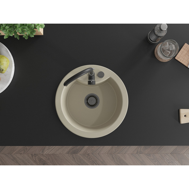 Mexen Diego granite kitchen sink 1-bowl 488 x 480 mm, beige, black siphon - 6512481000-69-B