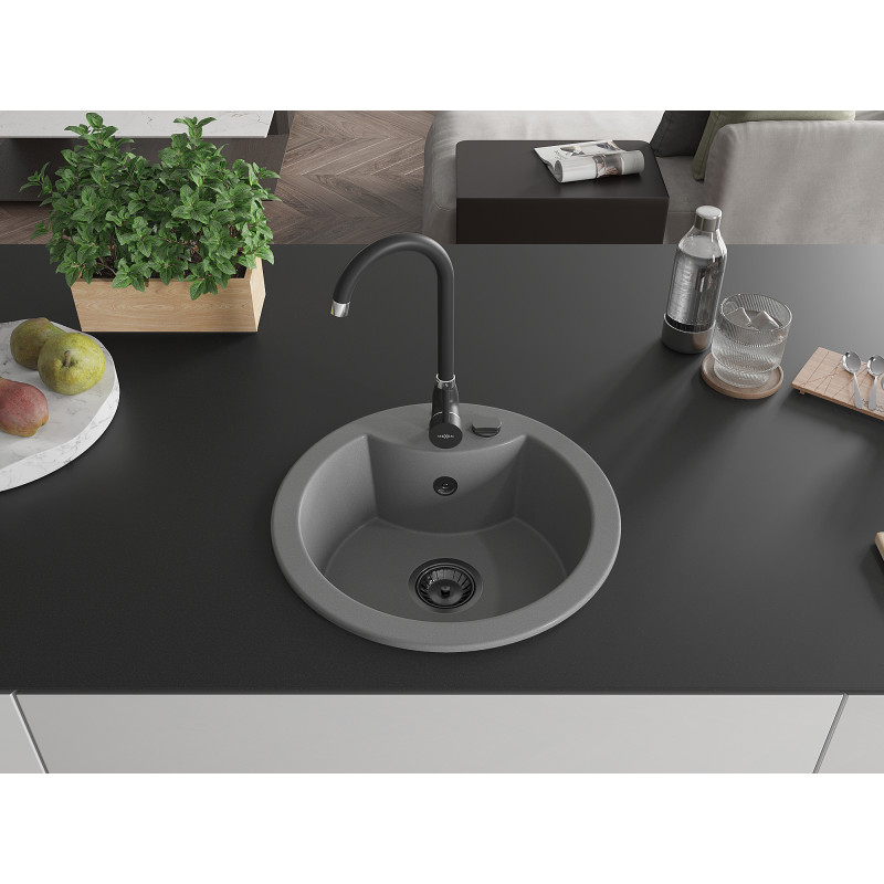 Mexen Diego granite sink 1-bowl 488 x 480 mm, gray, black siphon - 6512481000-71-B