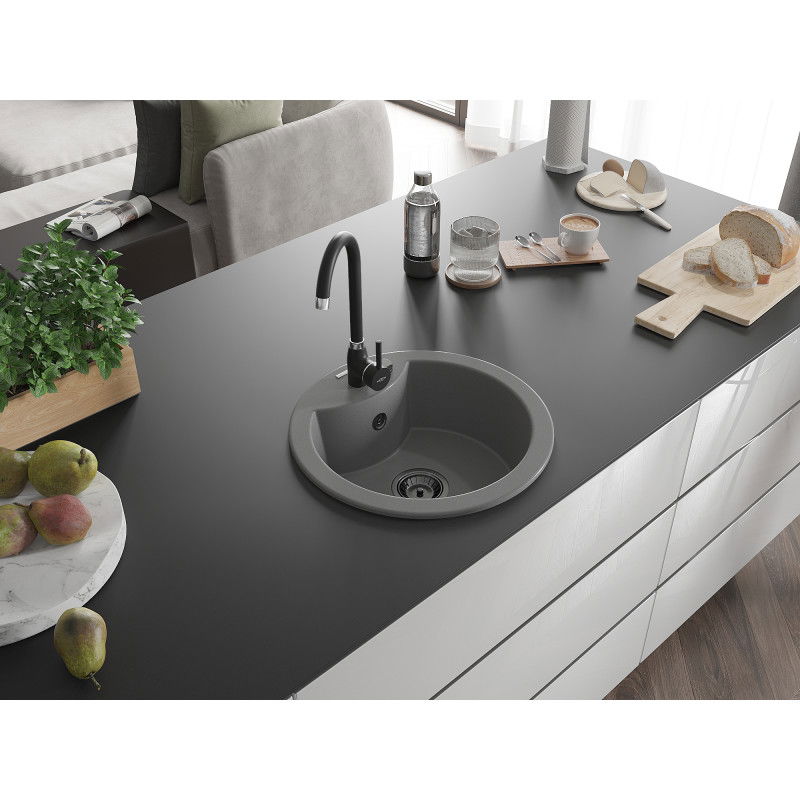 Mexen Diego 1-basin granite sink 488 x 480 mm, grey, black siphon - 6512481000-71-B