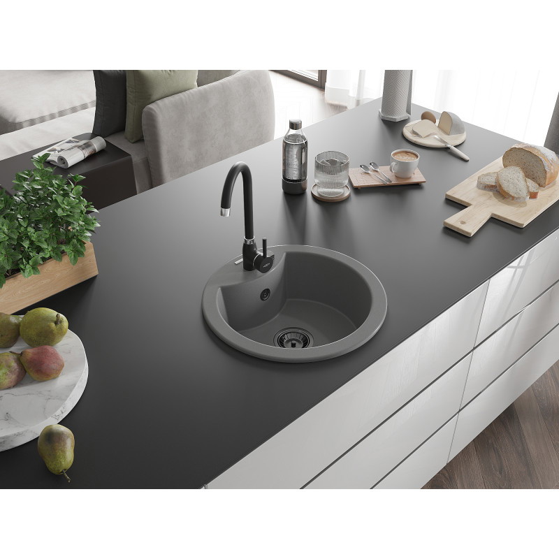 Mexen Diego granite sink 1-bowl 488 x 480 mm, gray, black siphon - 6512481000-71-B