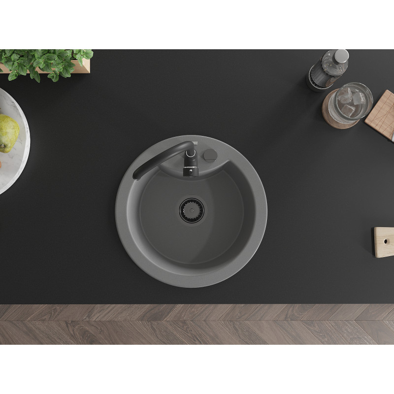 Mexen Diego granite sink 1-bowl 488 x 480 mm, gray, black siphon - 6512481000-71-B