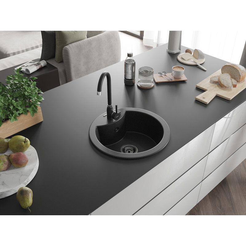 Mexen Diego granite sink 1-bowl 488 x 480 mm, black/silver metallic, black siphon - 6512481000-73-B