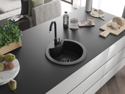 Mexen Diego granite sink 1-bowl 488 x 480 mm, black/silver metallic, black siphon - 6512481000-73-B