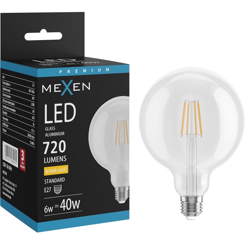 Mexen Vintis LED Filament Bulb E27, G125, 6W, Warm - 2700K, 720 lm, clear - L158-E27-0627-00
