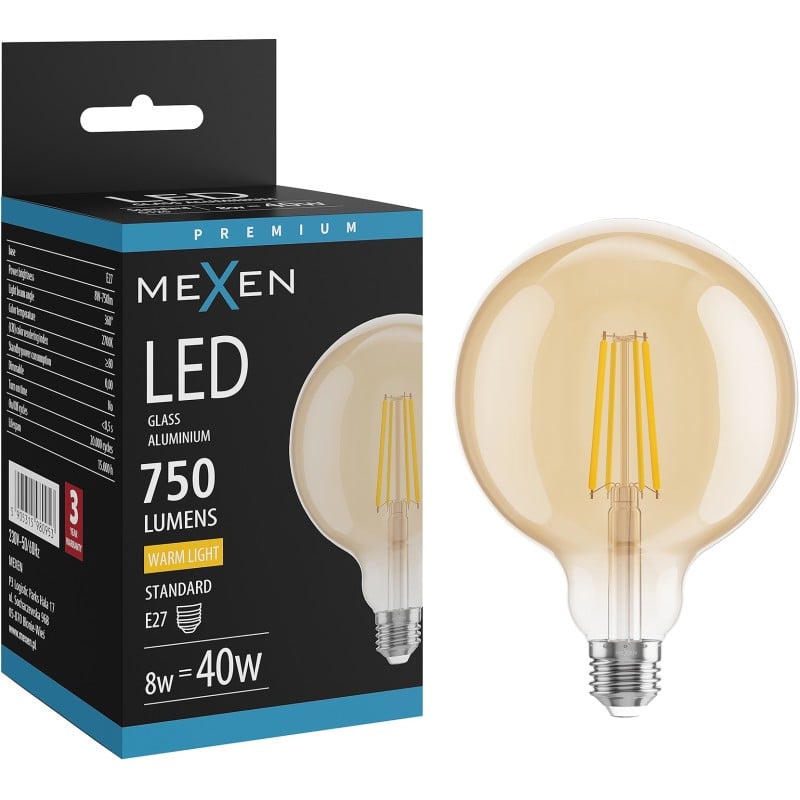Mexen Vintis LED filament bulb E27, G125, 8W, Warm - 2700K, 750 lm, amber - L158-E27-0827-50