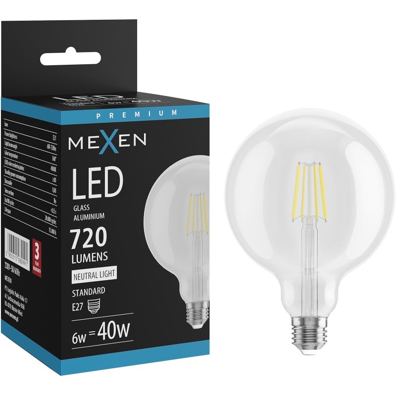 Mexen Vintis LED filament bulb E27, G125, 6W, Neutral - 4000K, 720 lm, clear - L158-E27-0640-00