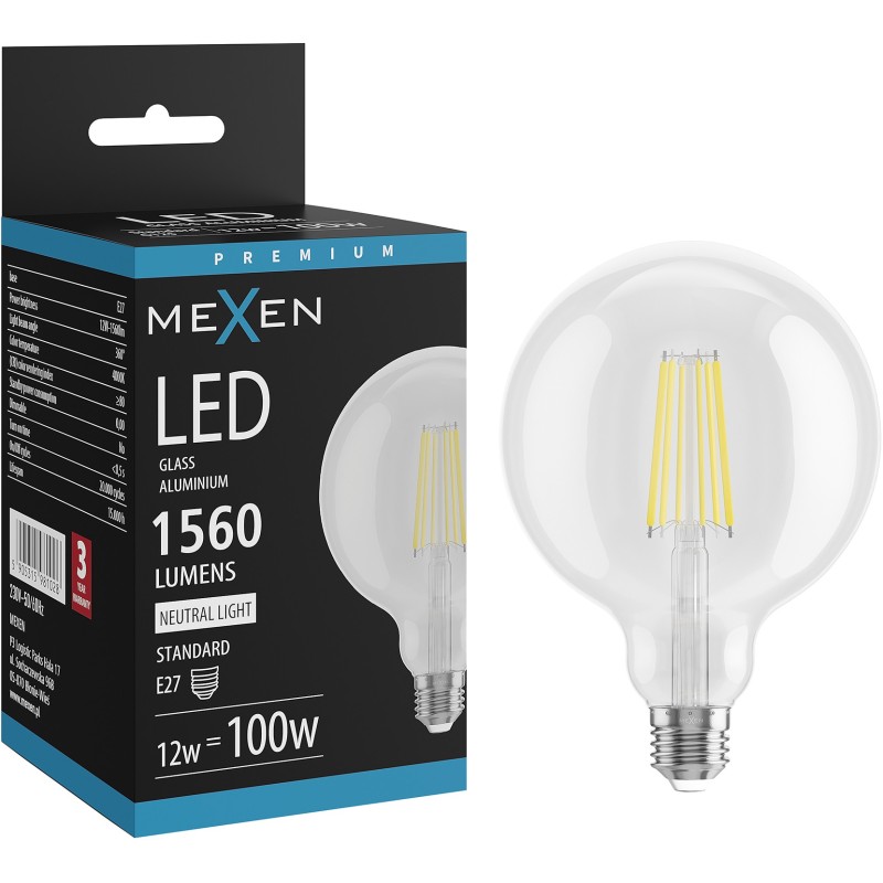 Mexen Vintis LED Filament Bulb E27, G125, 12W, Neutral - 4000K, 1560 lm, clear - L158-E27-1240-00