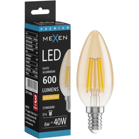 Mexen Vintis LED Filament Bulb E14, C35, 6W, Warm - 2200K, 600 lm, amber - L154-E14-0622-50