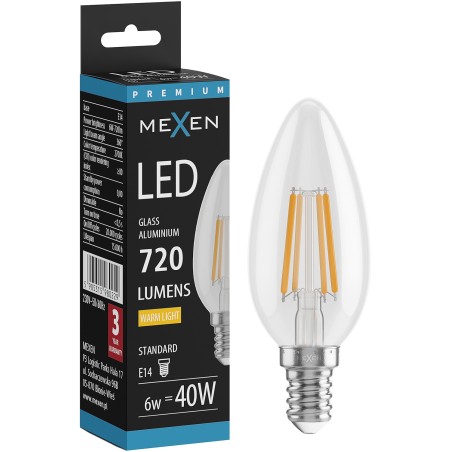 Mexen Vintis LED Filament Bulb E14, C35, 6W, Warm - 2700K, 720 lm, Clear - L154-E14-0627-00