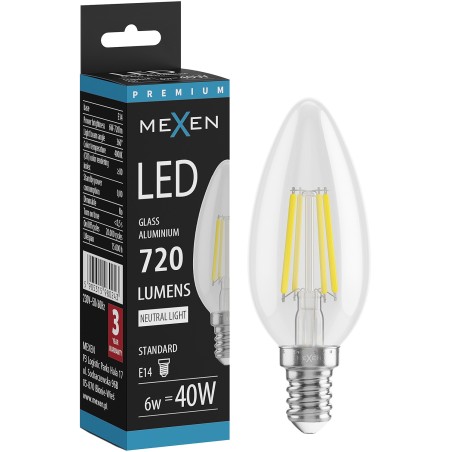 Mexen Vintis LED Filament Bulb E14, C35, 6W, Neutral - 4000K, 720 lm, clear - L154-E14-0640-00