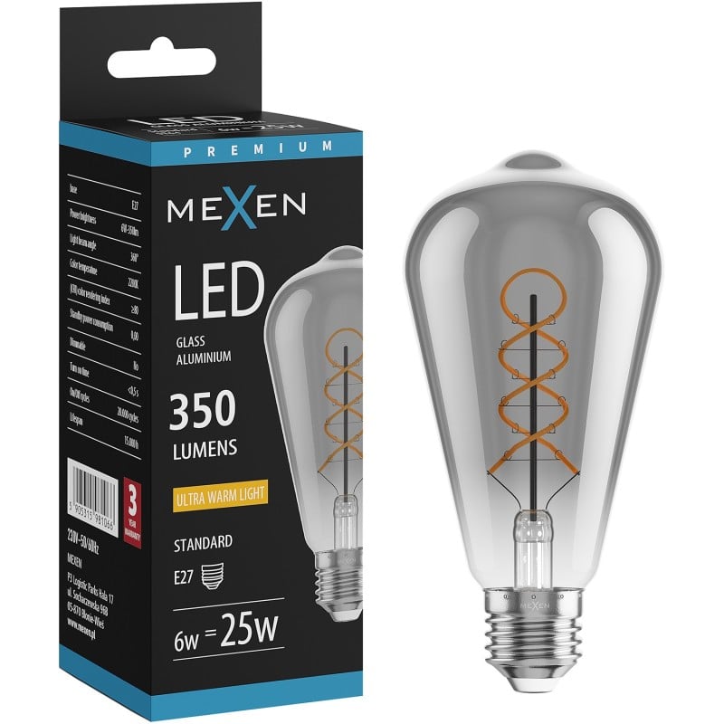 Mexen Vintis LED Filament Spiral Bulb E27, ST64, 6W, Warm - 2200K, 350 lm, smoke - L162-E27-0622-70