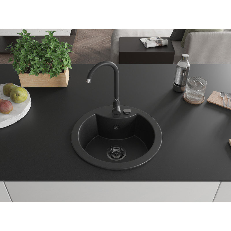 Mexen Diego granite sink 1-chamber 488 x 480 mm, black, black siphon - 6512481000-77-B