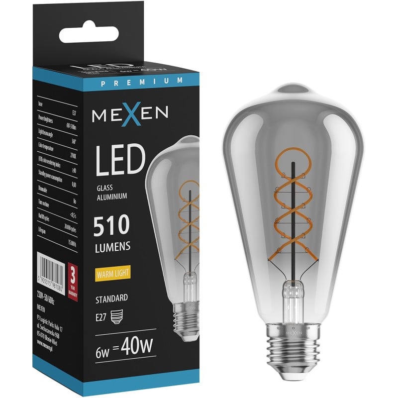 Mexen Vintis Filament Spiral LED Bulb E27, ST64, 6W, Warm - 2700K, 510 lm, smoke - L162-E27-0627-70