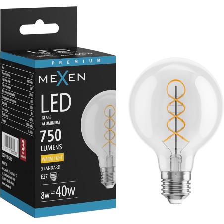 Mexen Vintis Filament Spiral LED Bulb E27, G80, 8W, Warm - 2700K, 750 lm, clear - L165-E27-0827-00