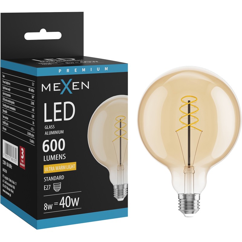 Mexen Vintis LED Spiral Filament Bulb E27, G125, 8W, Warm - 2200K, 600 lm, amber - L168-E27-0822-50