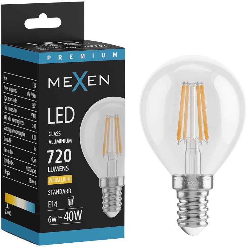 Mexen Vintis LED Filament Bulb E14, G45, 6W, Warm - 2700K, 720 lm, Clear - L156-E14-0627-00