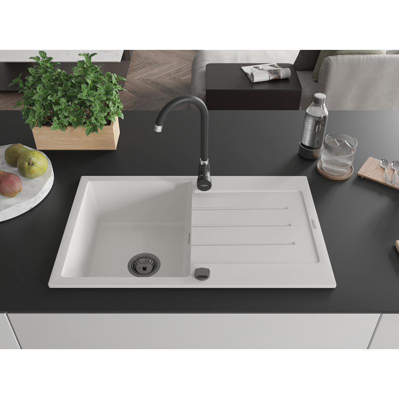 Mexen Bruno granite sink 1-bowl with drainer 795 x 495 mm, white, black siphon - 6513791010-20-B