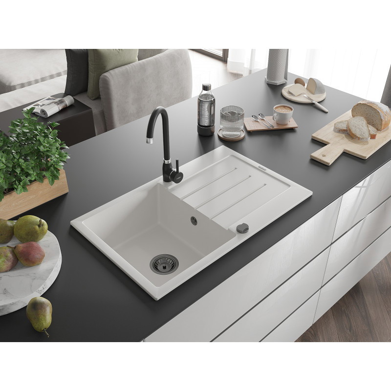 Mexen Bruno granite sink 1-bowl with drainer 795 x 495 mm, white, black siphon - 6513791010-20-B