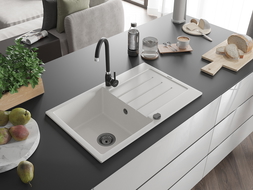 Mexen Bruno 1-compartment granite sink with a drip tray 795 x 495 mm, White, siphon Black - 6513791010-20-B